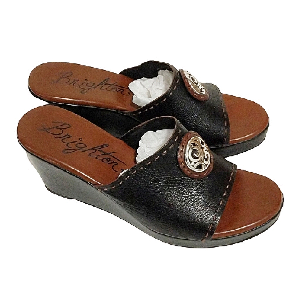 Brighton wedge black leather sandals Dusty Sz 10